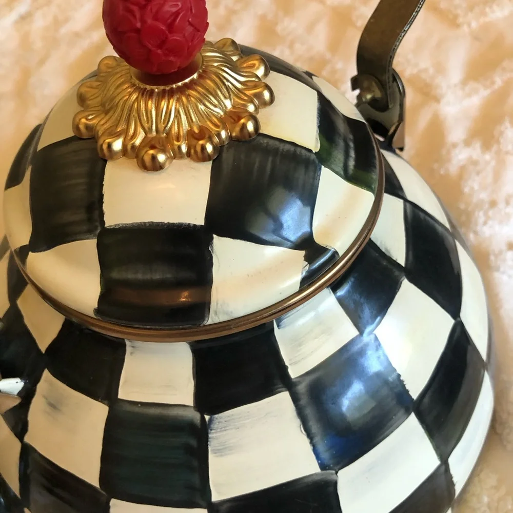 MacKenzie-Childs Black and White Checkered Teapot Kettle with Red Knob, 3qt - Picture 7 of 7